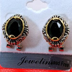 Vintage 90s Jeweline Two Tone Dark Red Oval Stone Ornate Filigree Omega Earrings